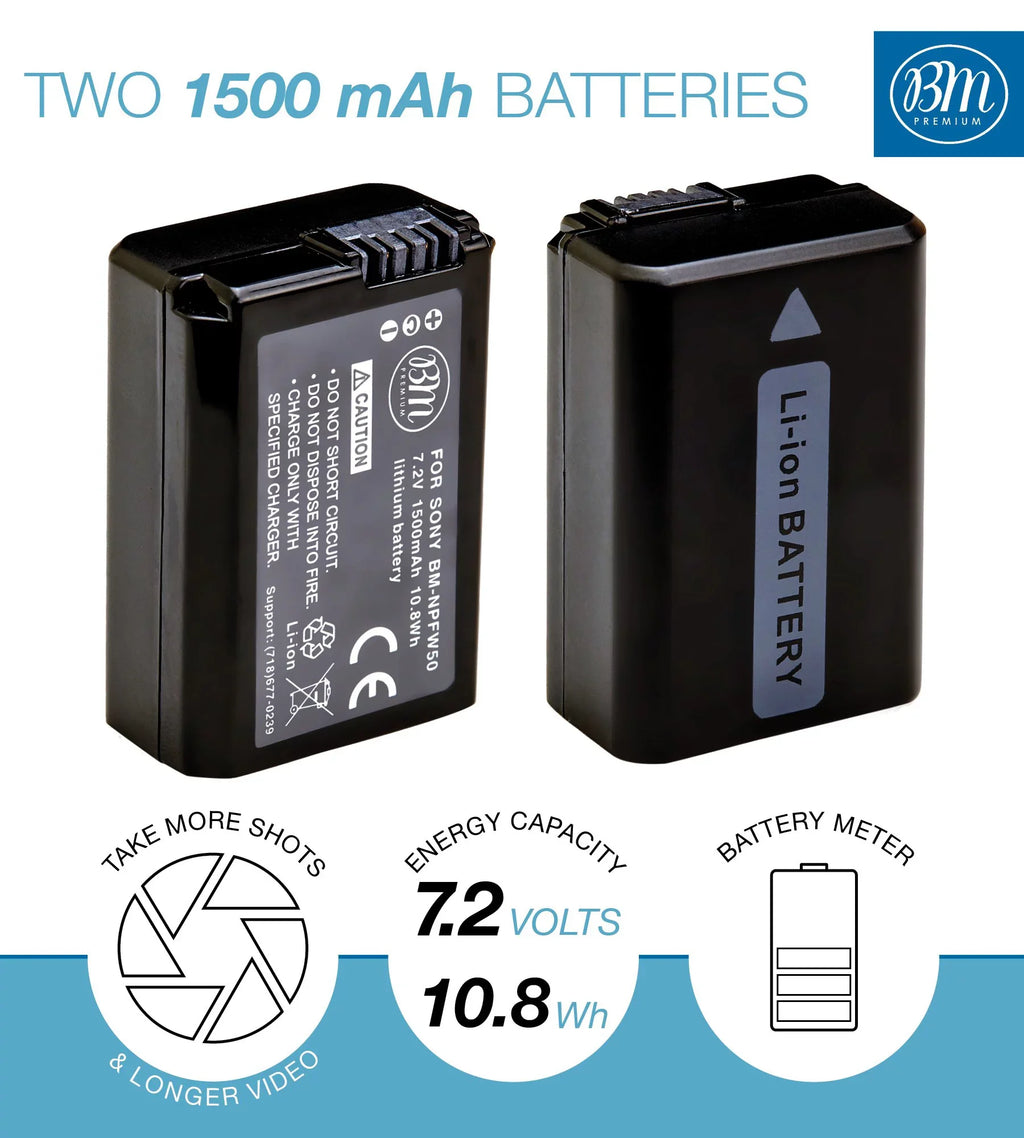 BM 2 NP-FW50 Batteries and Dual Charger for Sony DSC-RX10 II, III, IV Alpha 7 a7 A7 II a7R A7s II a3000 a5000 a6000 A6100 a6300 a6400 a6500 Cameras
