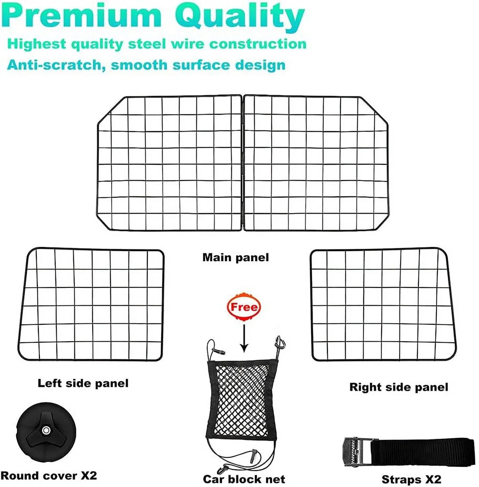 Dog Car Barriers—Heavy Duty Adjustable Wire Pet Cars Barrier with Front Cushion Mesh in Black—Safety Travel Dividers Fence for Vehicles, SUV, Cars