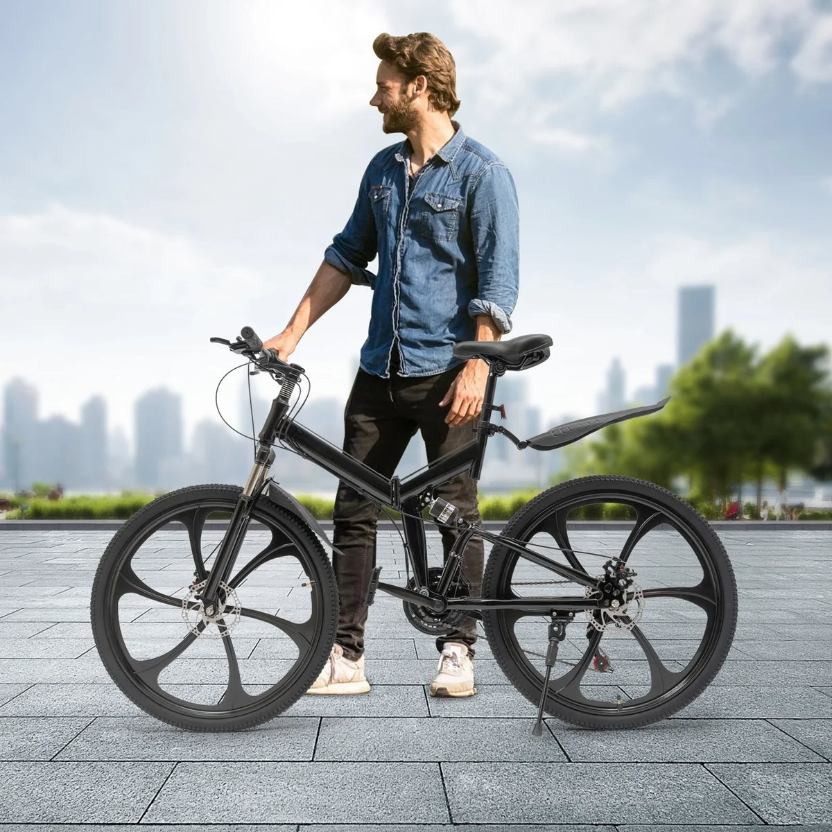 Folding Mountain Bike, 26" 21-Speed Height Adjustable Steel Frame Shifter City Two-wheeler for Men & Women Double Disc Brake Black