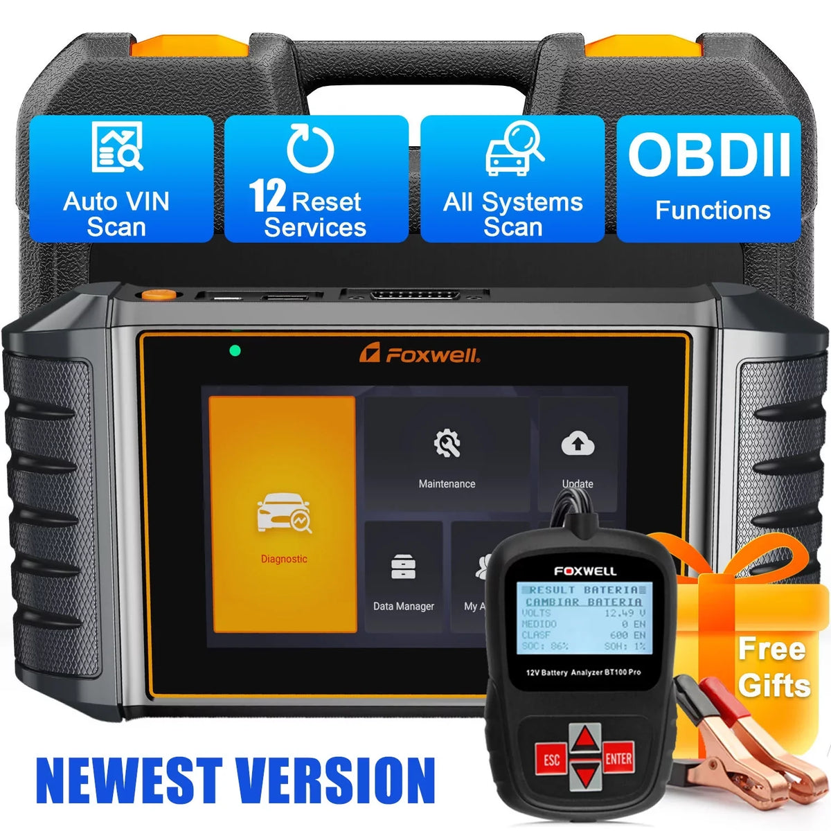FOXWELL NT726 OBD2 Scanner Automotive All System Diagnostic Tool 12 Reset BMS Service Suspension ABS Bleeding Injector Coding Throttle Reset OBDII Code Reader Automotive Scanner, Gift: Battery Tester