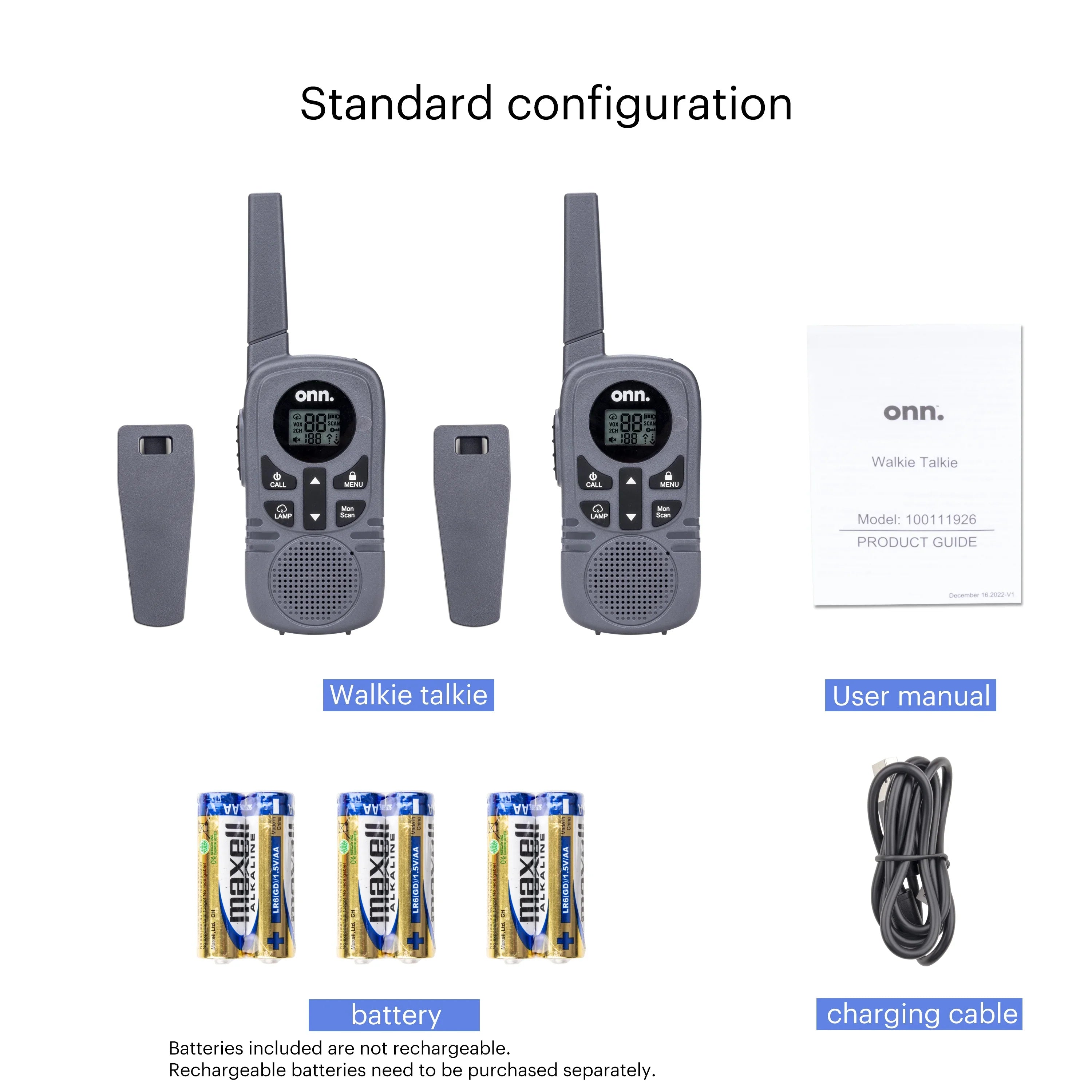 Onn. 16 Miles Walkie Talkies 2 pack with Two Way Radios, LED Light, 121 privacy Channels