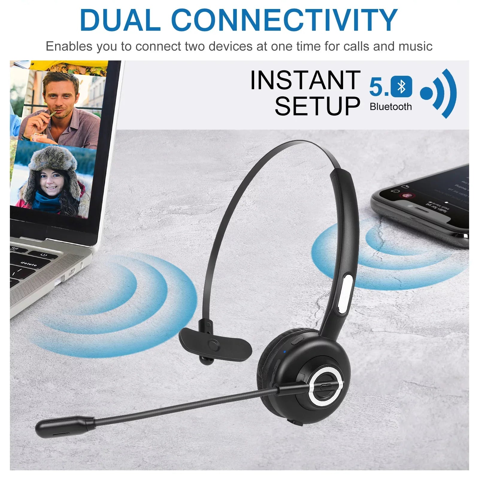 Easy Bluetooth Headset, UX-M97 Wireless Headset with Microphone, Wireless Cell Phone Headset with Noise Isolation Mic Charging Base Mute Function for Oppo RX17 Pro With Charging Dock
