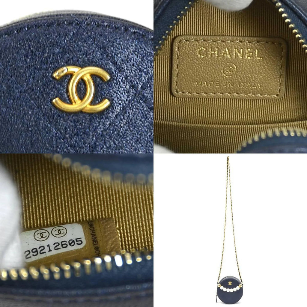 Pre-Owned CHANEL Crossbody Shoulder Bag Pochette Coco Mark Leather/Metal/Fake Pearl Navy/Gold/Off-White Women's (Good)