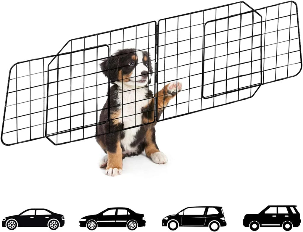Dog Car Barriers—Heavy Duty Adjustable Wire Pet Cars Barrier with Front Cushion Mesh in Black—Safety Travel Dividers Fence for Vehicles, SUV, Cars
