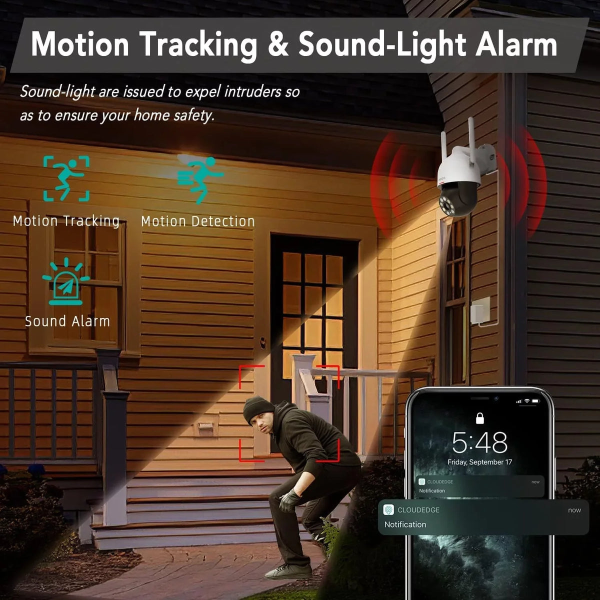 DEKCO Wired Security Camera with Spotlight, 2K WiFi Camera Night Vision 360° View, Waterproof Outdoor Camera, Surveillance Camera with PIR Motion Sensor, 2 Way Audio