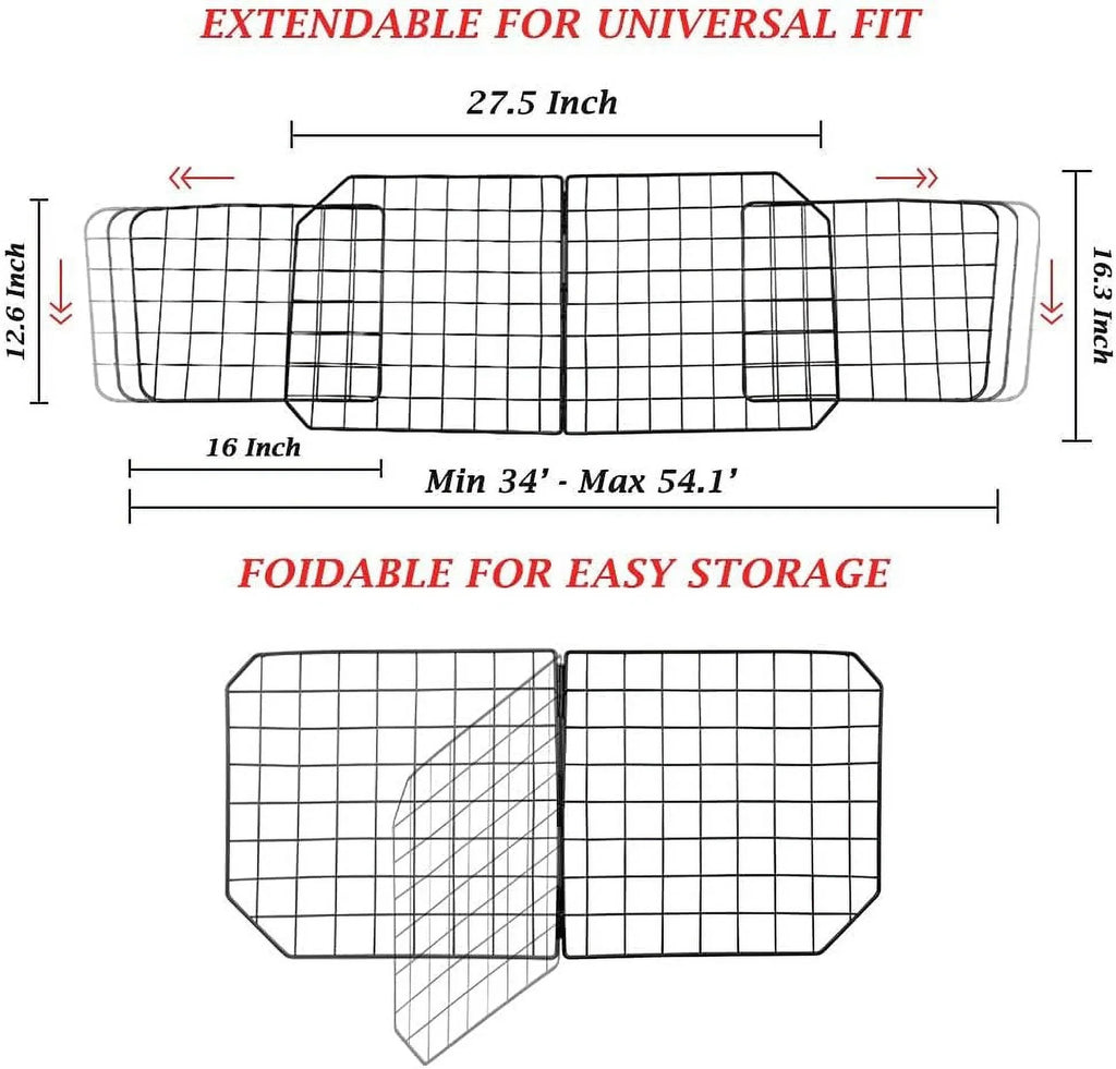 Dog Car Barriers—Heavy Duty Adjustable Wire Pet Cars Barrier with Front Cushion Mesh in Black—Safety Travel Dividers Fence for Vehicles, SUV, Cars