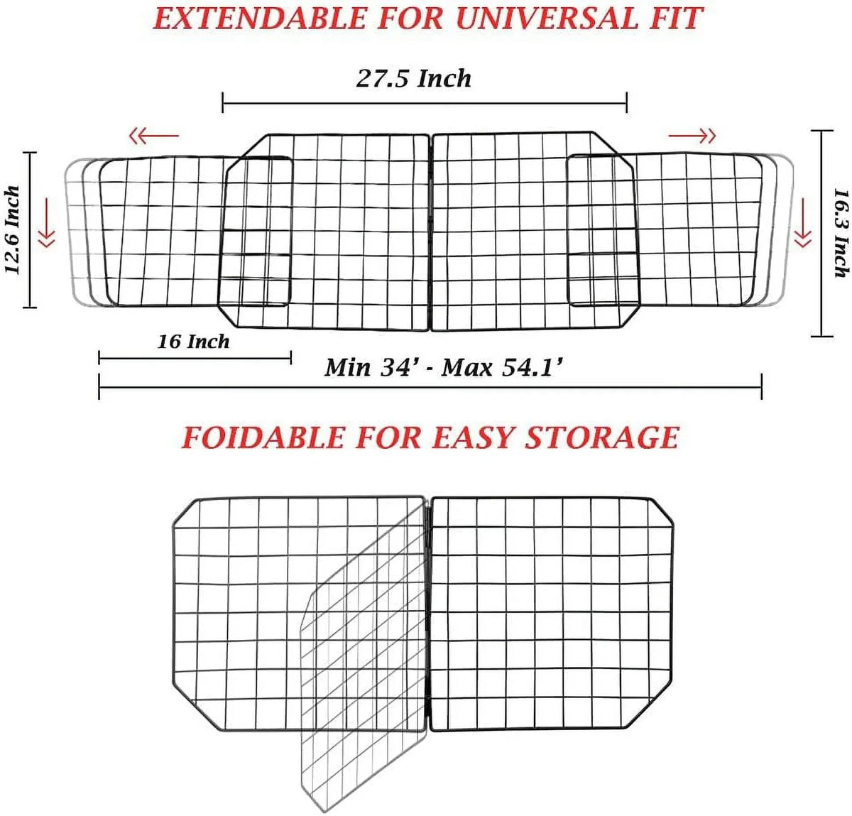 Dog Car Barriers—Heavy Duty Adjustable Wire Pet Cars Barrier with Front Cushion Mesh in Black—Safety Travel Dividers Fence for Vehicles, SUV, Cars
