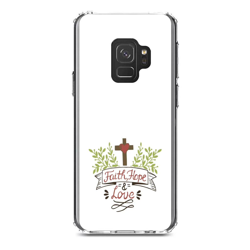 DistinctInk Clear Shockproof Hybrid Case for Samsung Galaxy S9 (5.8" Screen) - TPU Bumper, Acrylic Back, Tempered Glass Screen Protector - Faith, Hope & Love - Cross & Leaves