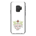 DistinctInk Clear Shockproof Hybrid Case for Samsung Galaxy S9 (5.8" Screen) - TPU Bumper, Acrylic Back, Tempered Glass Screen Protector - Faith, Hope & Love - Cross & Leaves