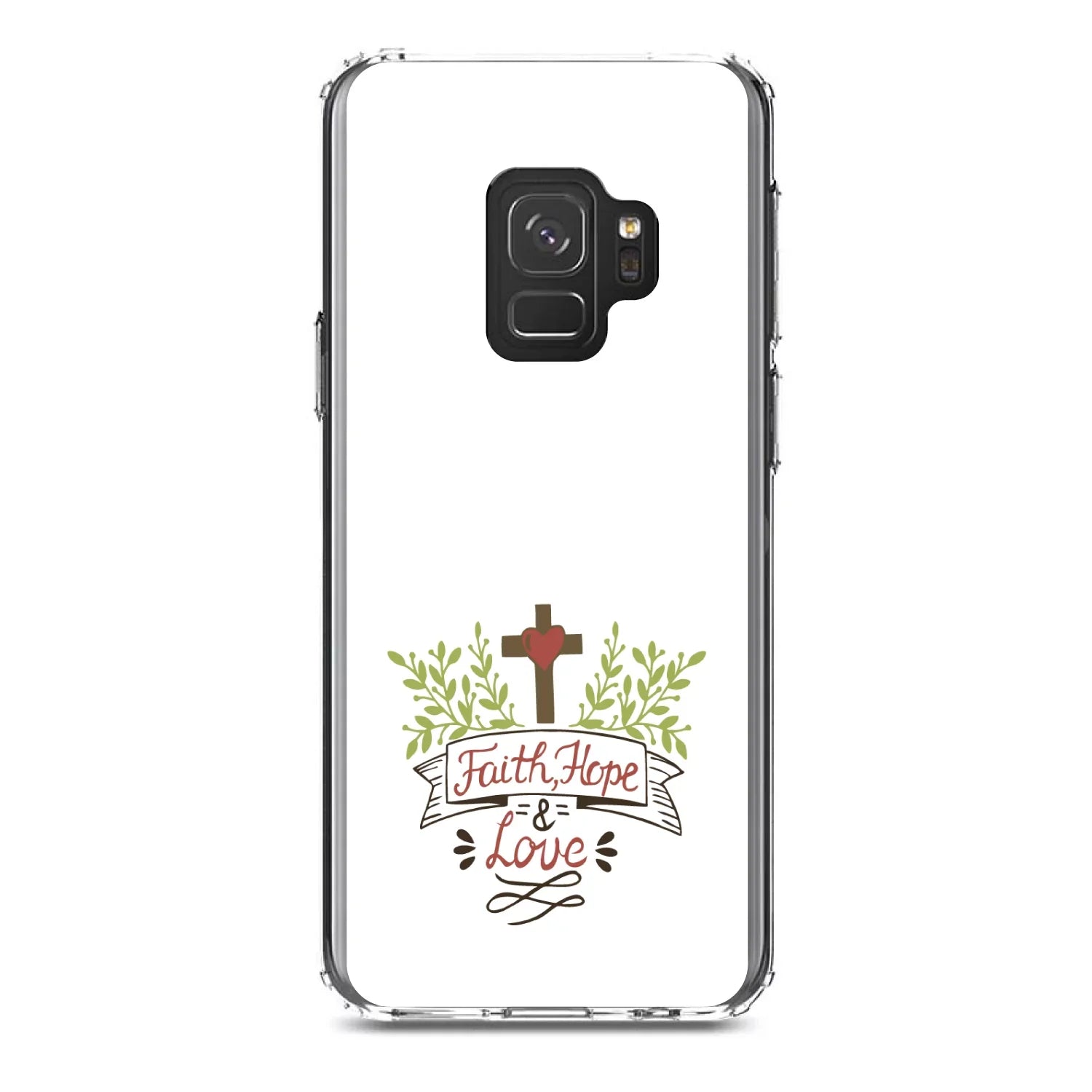 DistinctInk Clear Shockproof Hybrid Case for Samsung Galaxy S9 (5.8" Screen) - TPU Bumper, Acrylic Back, Tempered Glass Screen Protector - Faith, Hope & Love - Cross & Leaves