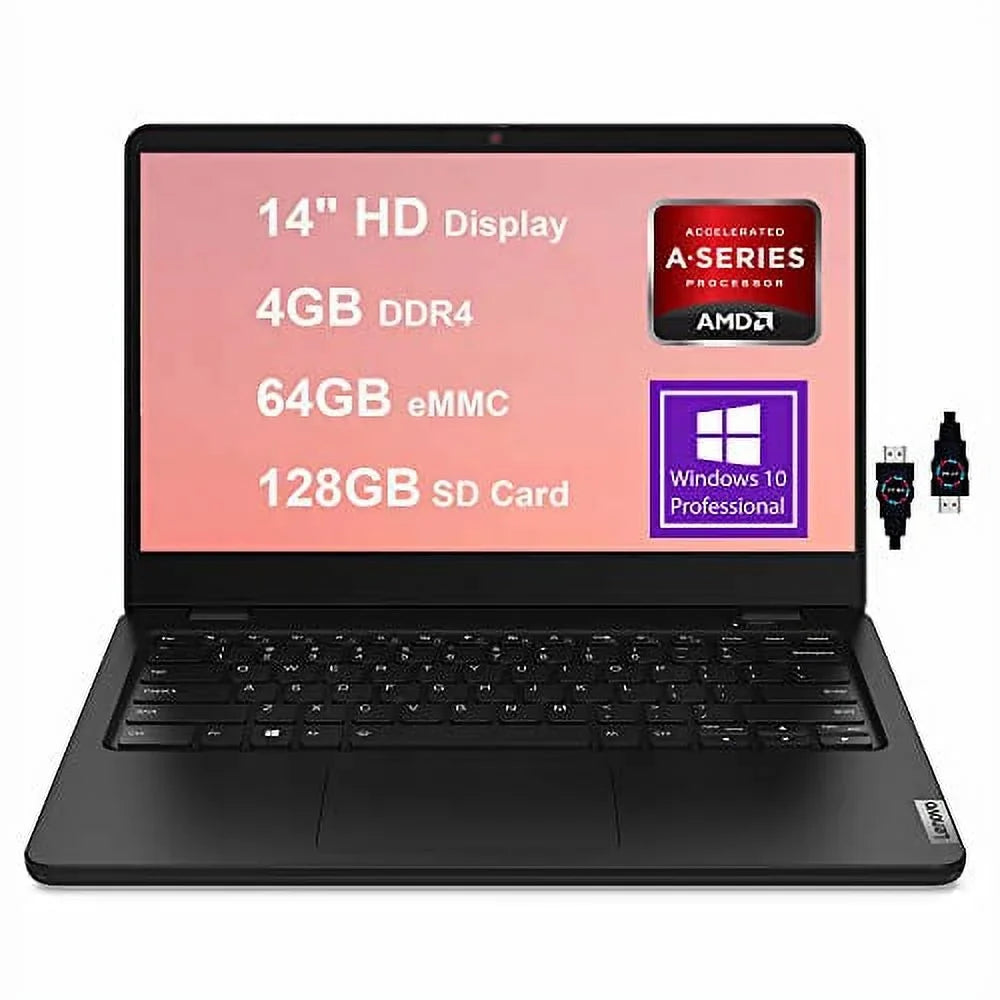 Ideapad 14W Gen 2 14 Business Laptop | 14" HD Anti-Glare Display | AMD 3000 Series 3015e Processor | 4GB DDR4 64GB eMMC 128GB SD Card | AMD Radeon Graphic HDMI Win10 Pro Black + HDMI Cable
