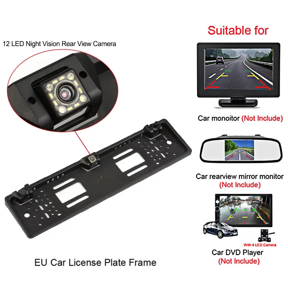 MIXFEER European License Plate Frame Backup Camera 12 LED Rear View Camera with Reversing System Parking Sensor