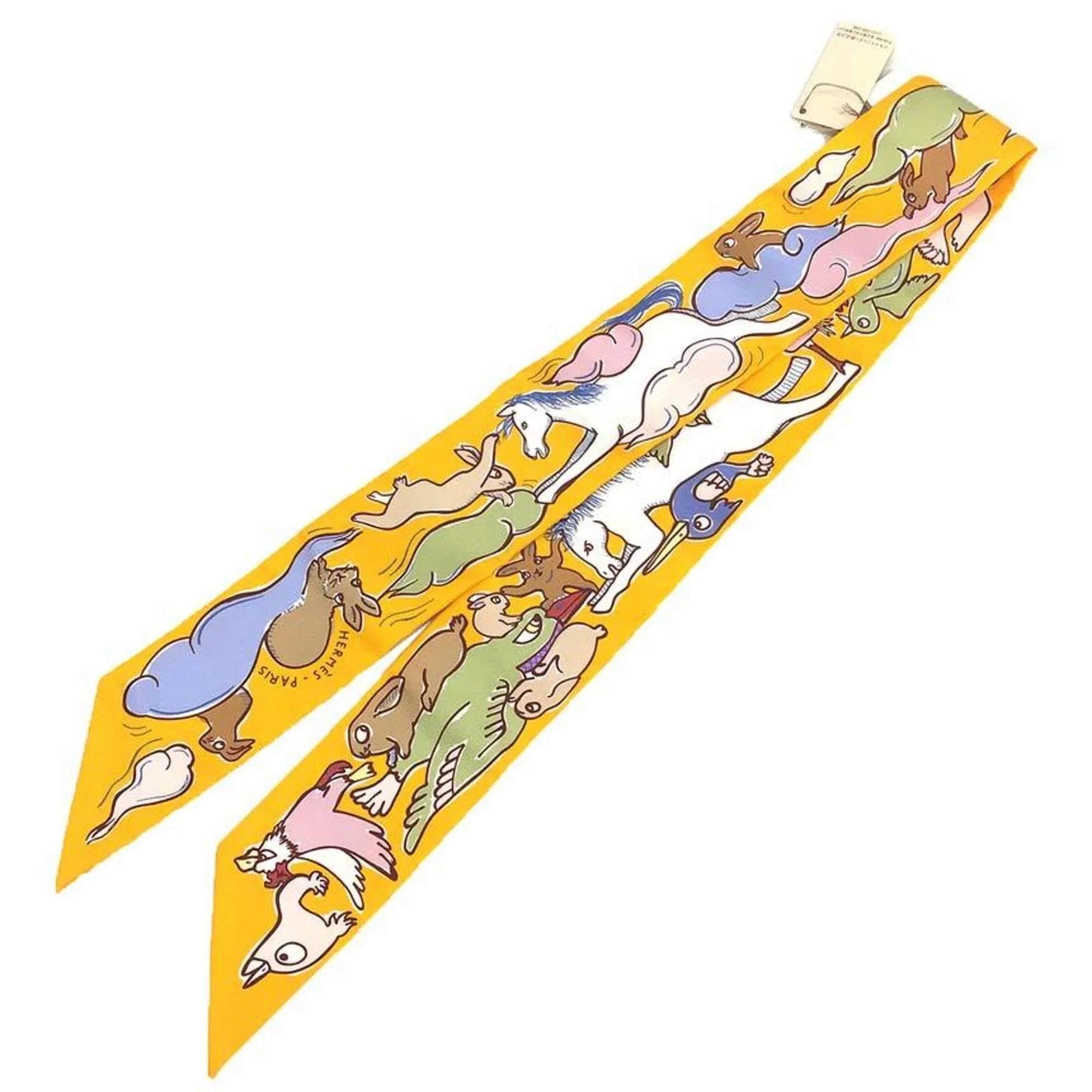 Pre-Owned HERMES Twilly Scarf Muffler Thousand and One Rabbits Mille et Un Lapins 2023 H064007S 04 Bouton D’or/Parm/Beige 100% Silk Hermes (Like New)