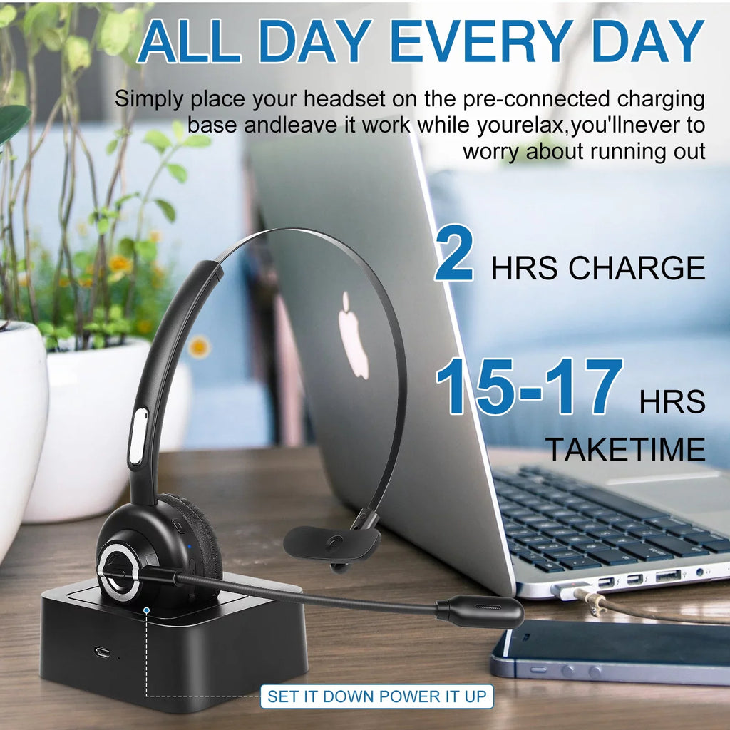 Easy Bluetooth Headset, UX-M97 Wireless Headset with Microphone, Wireless Cell Phone Headset with Noise Isolation Mic Charging Base Mute Function for Oppo RX17 Pro With Charging Dock