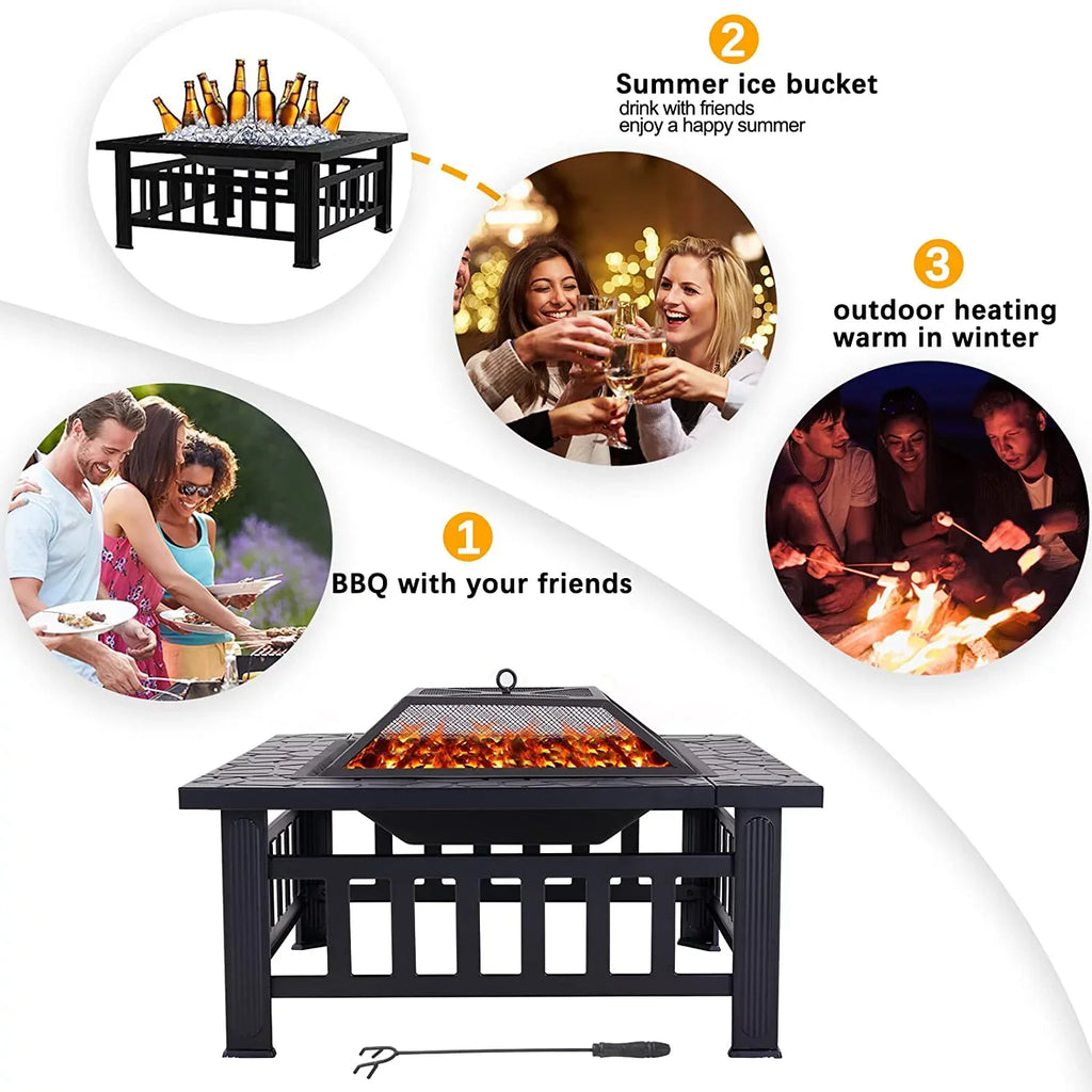 Grand Patio 32" Outdoor Fire Pit, Bonfire Wood Burning Fire Pit for Outside, Square Backyard Patio Firepit Table with Spark Screen Cover Safe Mesh Lid & Poker for Warmth, BBQ or Cooler