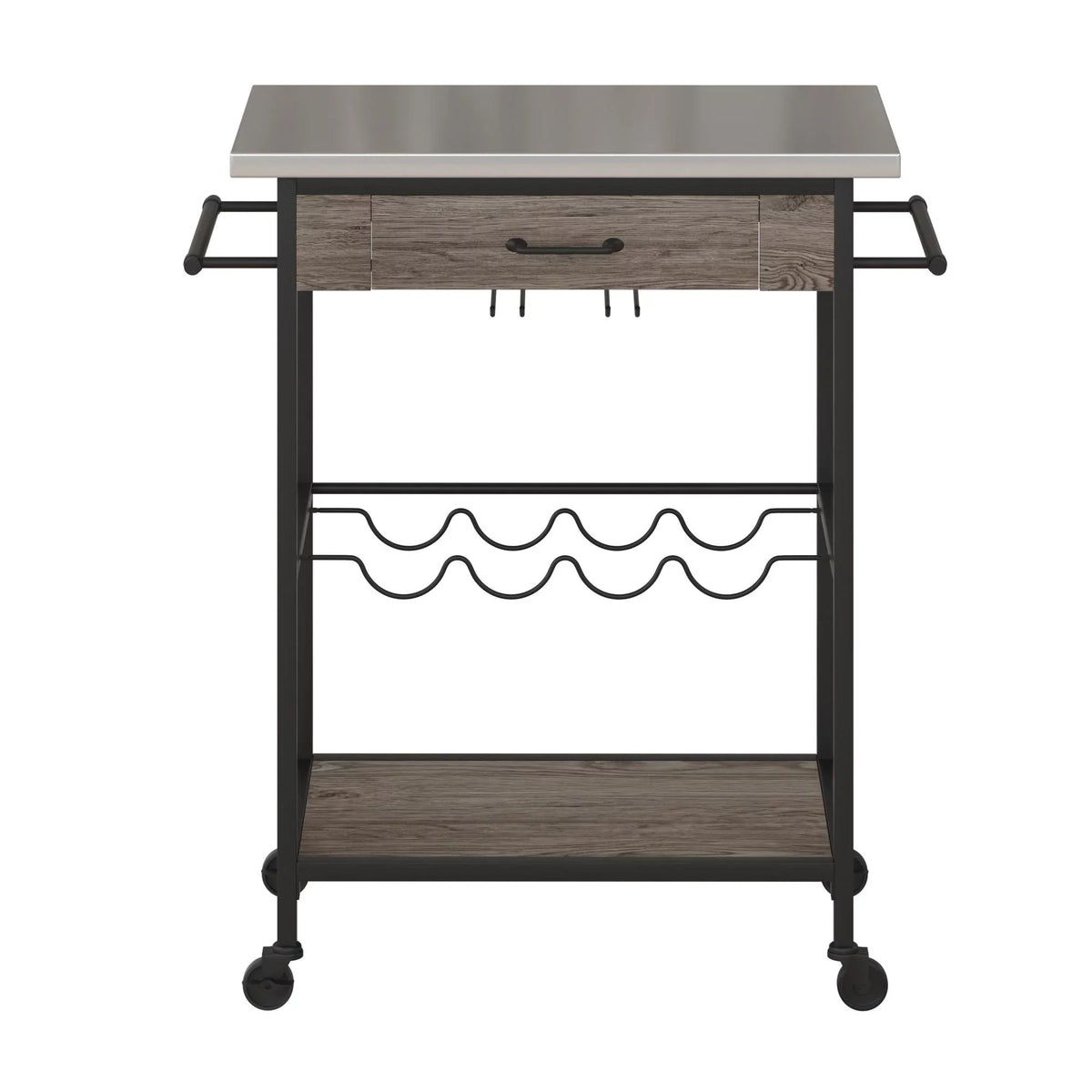 Novogratz Nora Multifunctional Kitchen Cart, Wine Rack and Pantry Storage, Stainless Steel and Black Metal, Brown