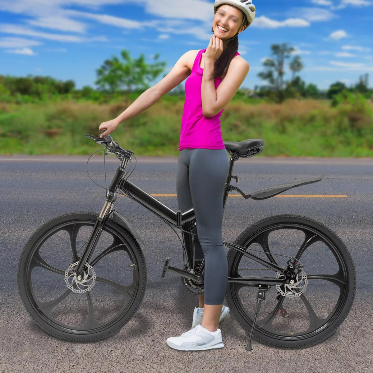Folding Mountain Bike, 26" 21-Speed Height Adjustable Steel Frame Shifter City Two-wheeler for Men & Women Double Disc Brake Black