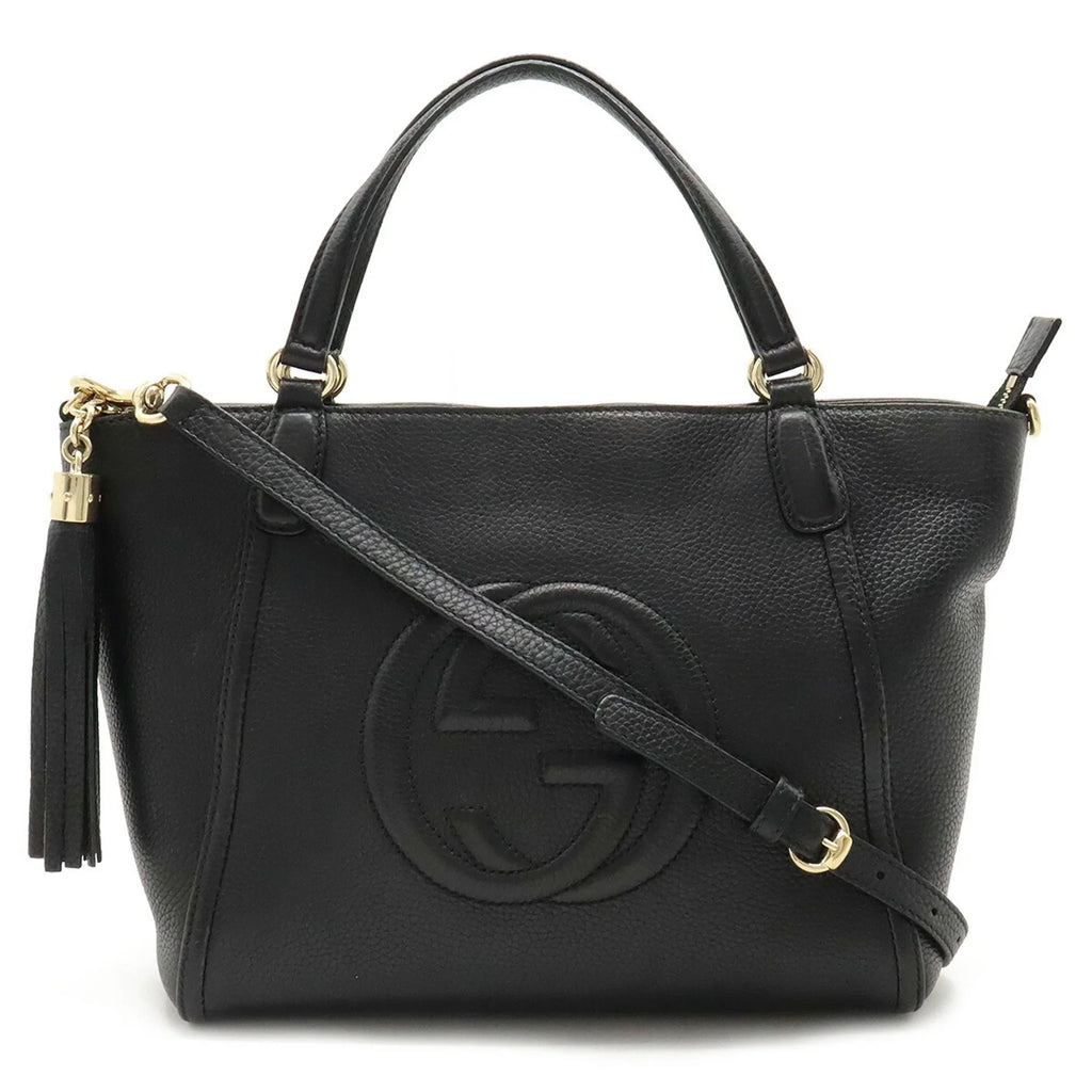 Pre-Owned GUCCI Soho Interlocking G Tote Bag Shoulder Tassel Leather Black 369176 (Good)