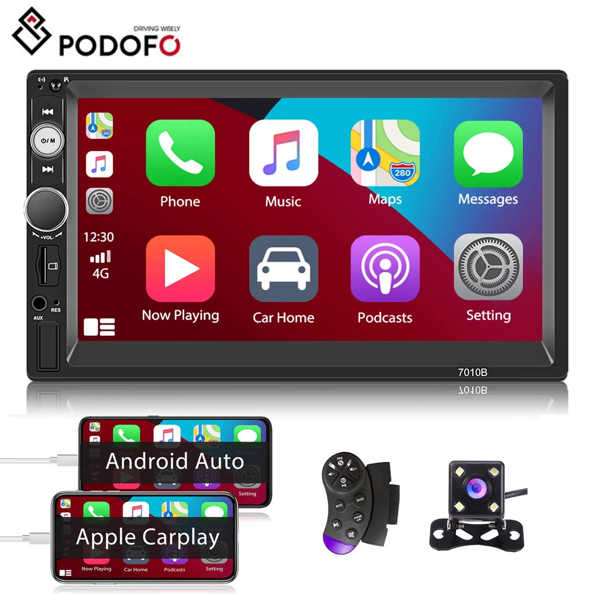 Podofo Double 2 Din 7'' Universal Car Stereo Radio Apple Carplay Android Auto Mirror Link HD Touch Screen Car Audio Multimedia Player MP3 MP5 Bluetooth FM USB, with Backup Camera