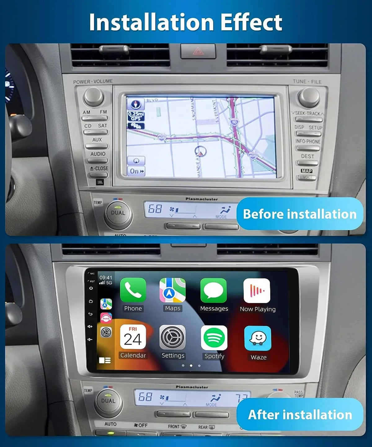 Podofo 2+32G for Toyota Camry 2006-2011 Car Stereo Radio Wireless Carplay Android Auto Mirror Link 9'' Touchscreen HD 1080P WIFI GPS Hifi FM Bluetooth, AHD Backup Camera