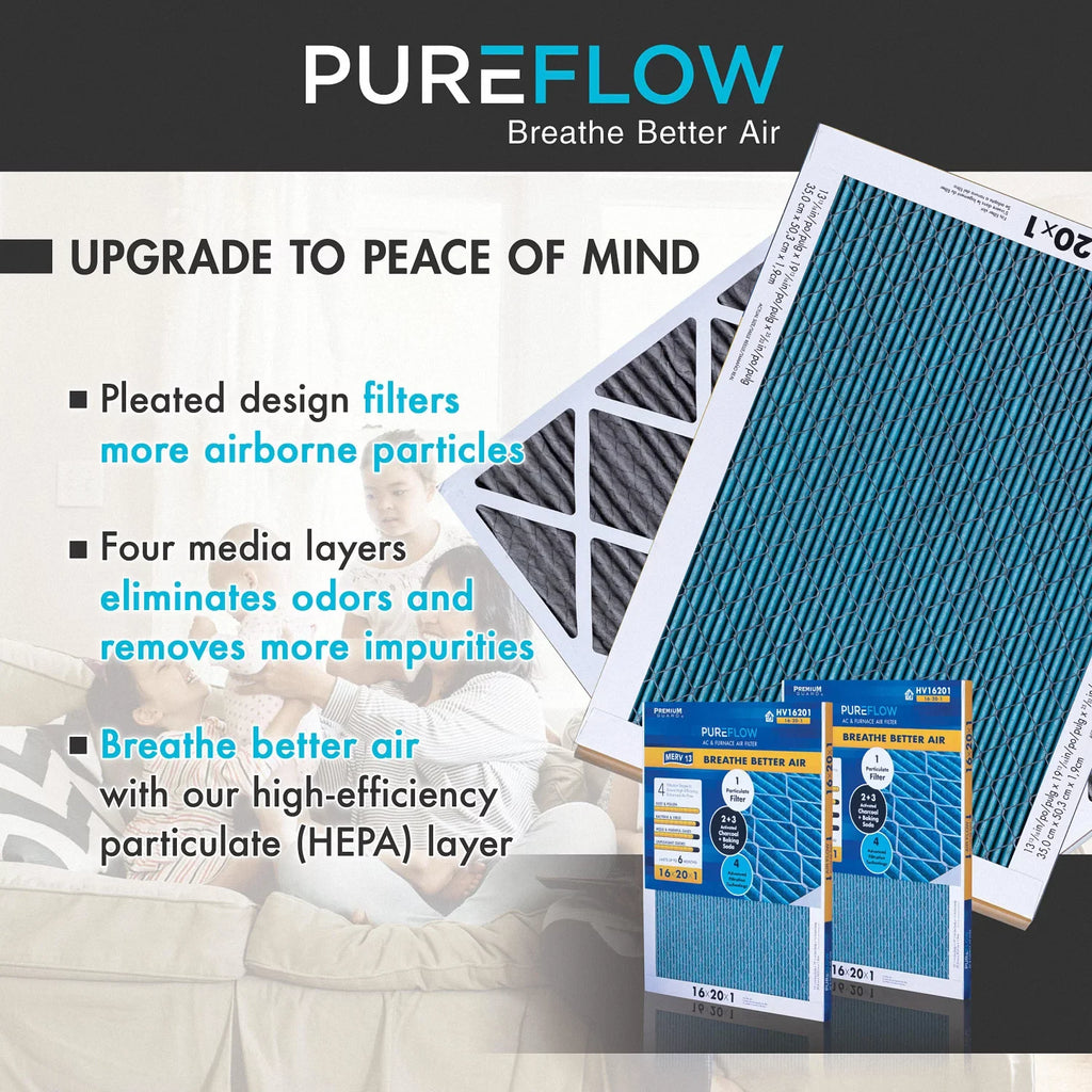 PureFlow, Home Furnace Air Filter 20x25x4, with 4 Layers of Advanced Filtration Technology, MERV-13 Pack-of-2
