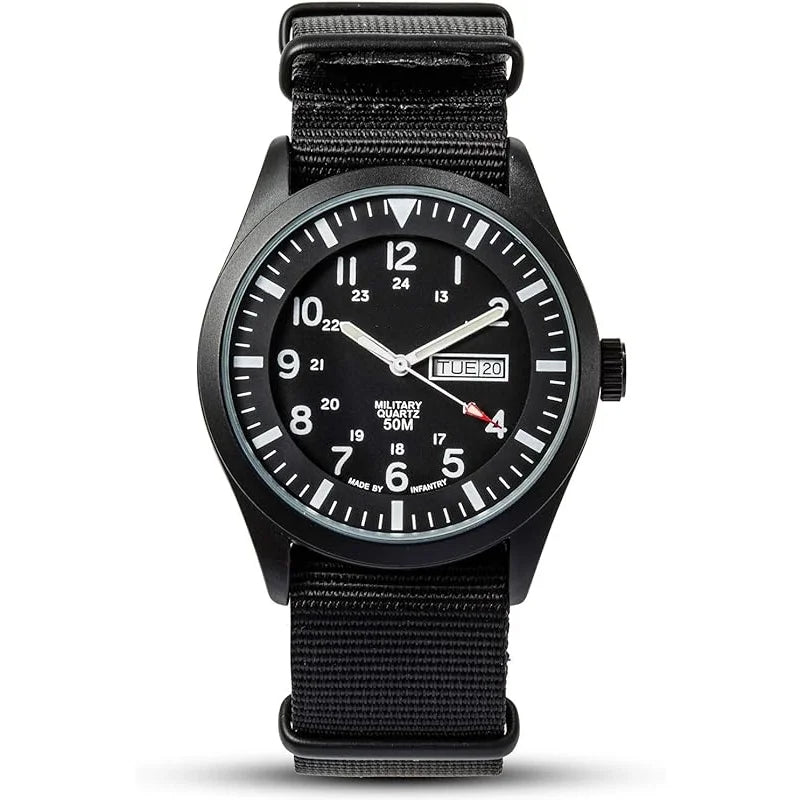 Men's Wrist Watch, Field Military Watches for Men Analog, Black Tactical Outdoor Sport Work Wristwatch, Waterproof Date Day 12/24 Hour with Army Nylon Band