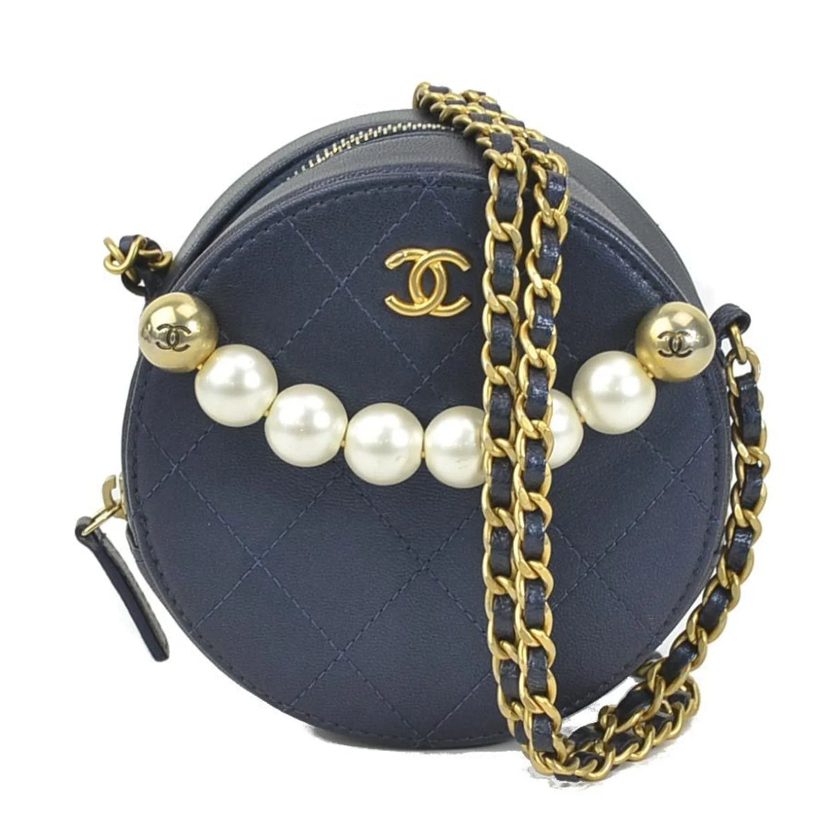 Pre-Owned CHANEL Crossbody Shoulder Bag Pochette Coco Mark Leather/Metal/Fake Pearl Navy/Gold/Off-White Women's (Good)