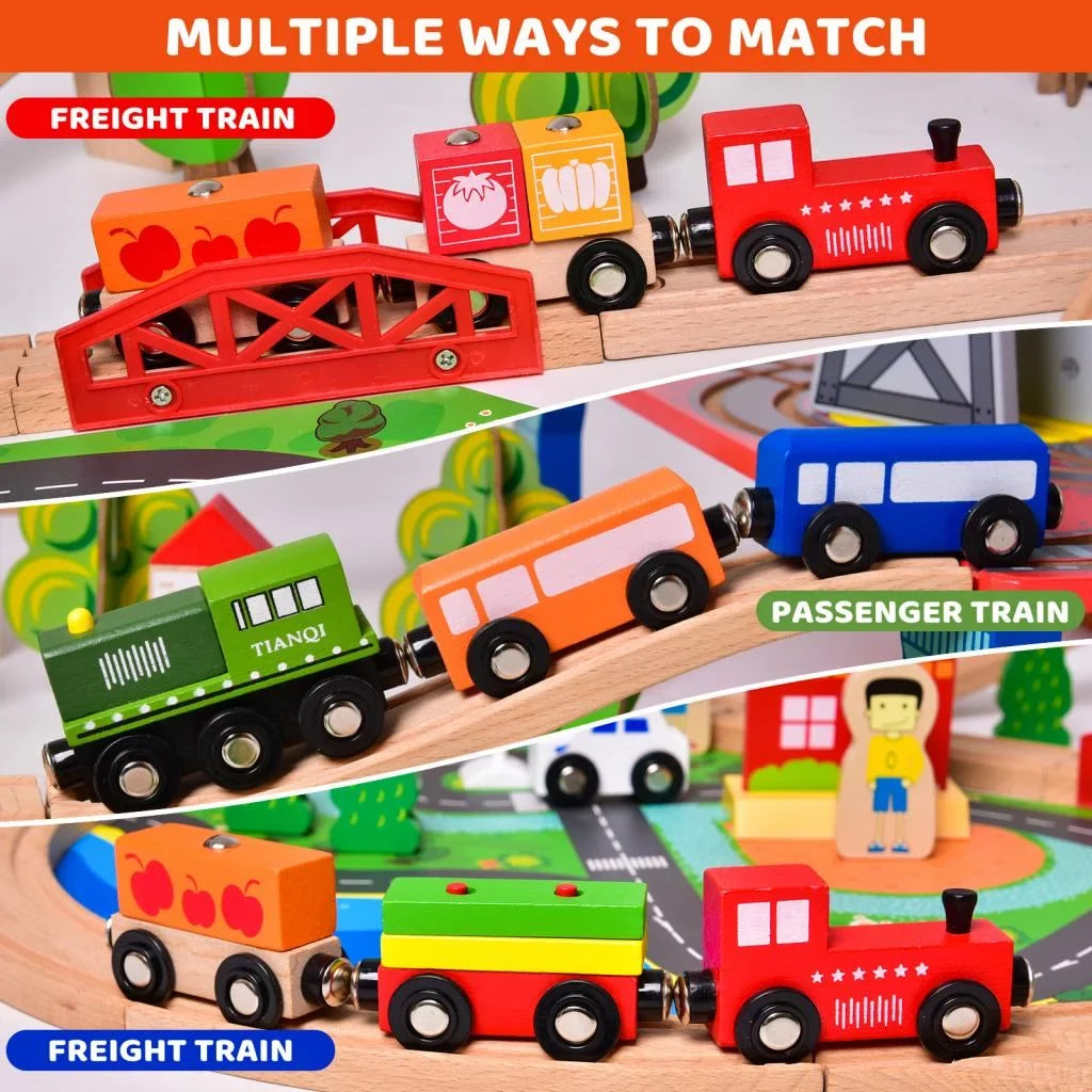 Fun Little Toys 88PCs Wooden Play Set, Enchanting Wooden Train Set for Toddlers Age 3+