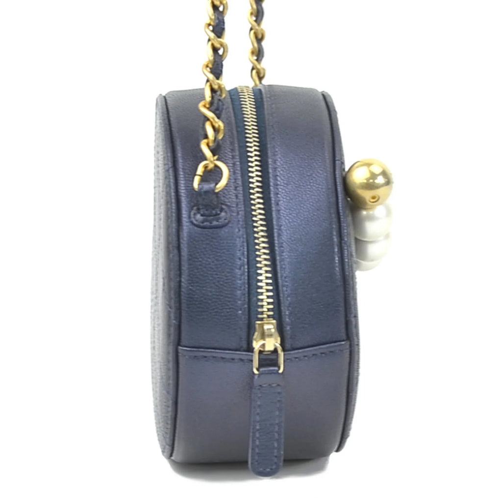 Pre-Owned CHANEL Crossbody Shoulder Bag Pochette Coco Mark Leather/Metal/Fake Pearl Navy/Gold/Off-White Women's (Good)