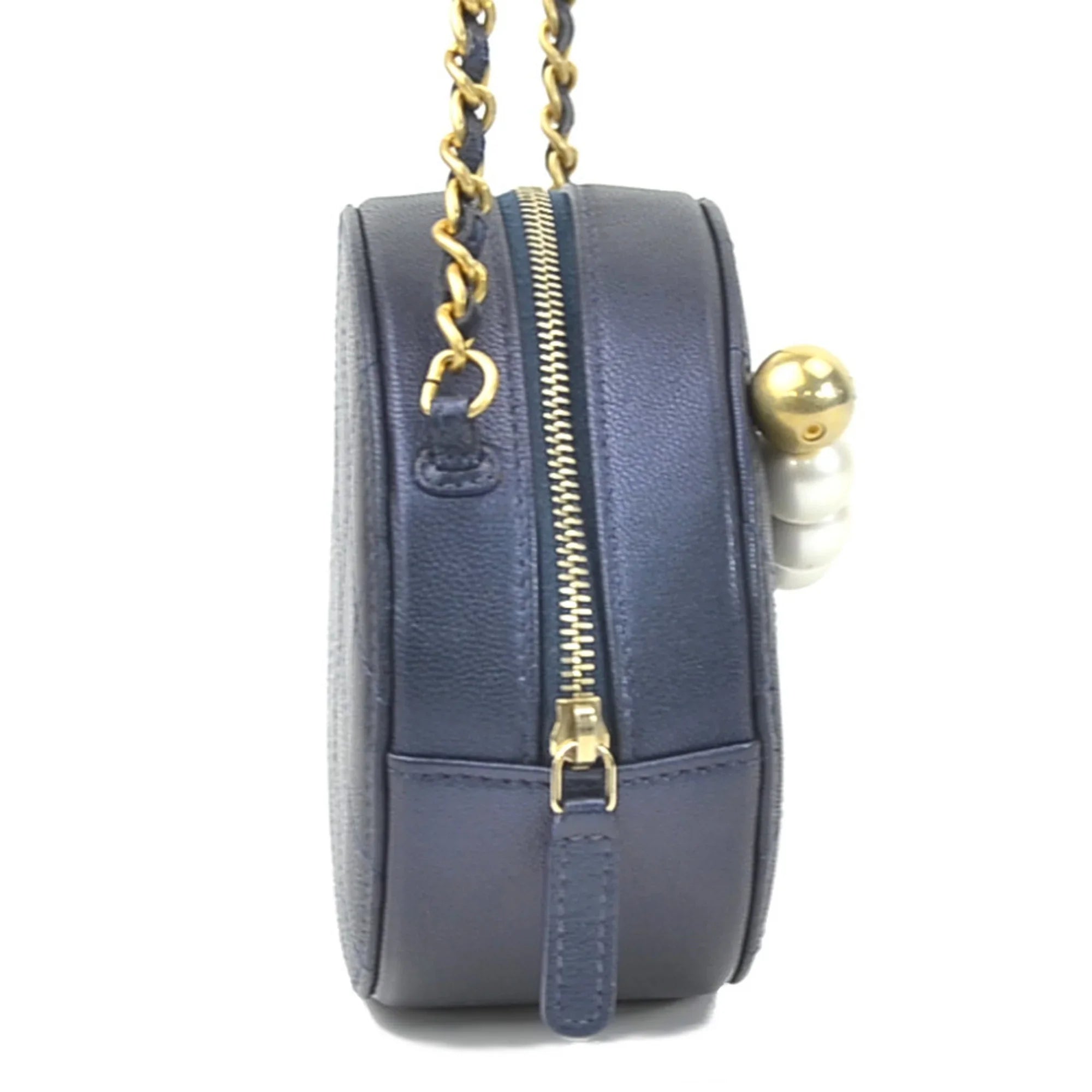 Pre-Owned CHANEL Crossbody Shoulder Bag Pochette Coco Mark Leather/Metal/Fake Pearl Navy/Gold/Off-White Women's (Good)