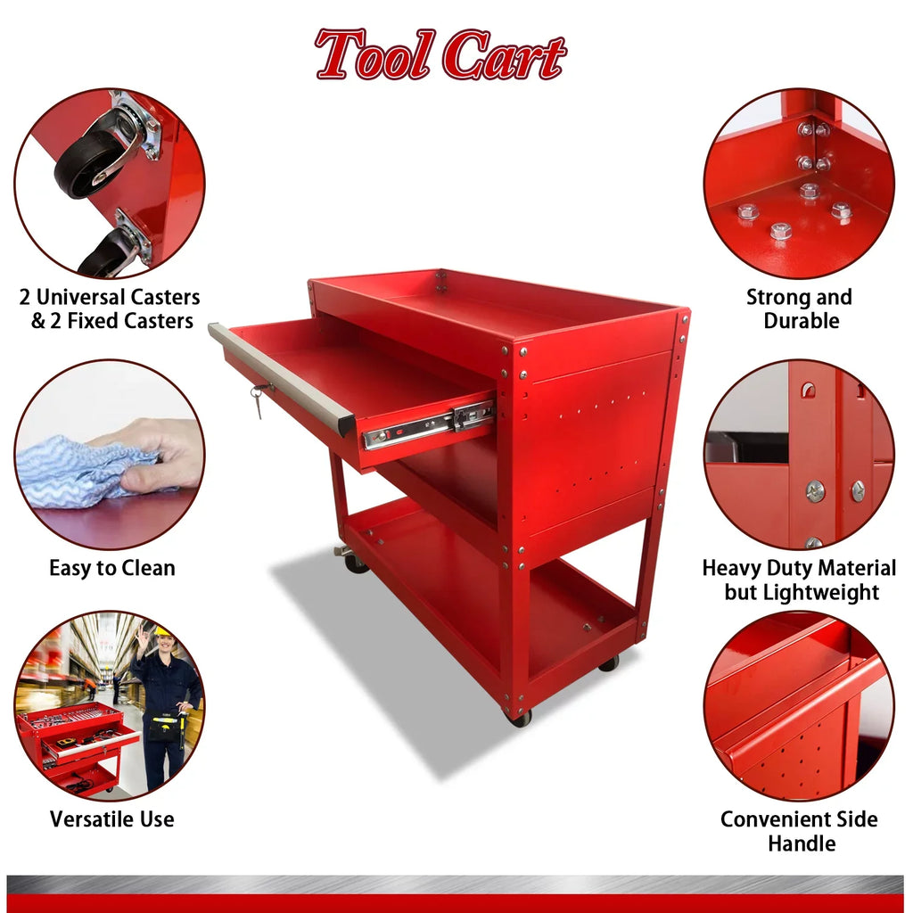 Odaof 3 Tier Rolling Tool Cart,Tool Chest and Tool Organizer with Wheels and Drawer,330 lbs Capacity Utility Cart for Garage Warehouse(Red)