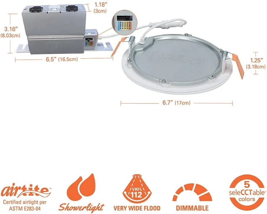 HALO 6 inch Recessed LED Ceiling & Shower Disc Light Canless Ultra Thin Downlight 5 CCT Selectable - White - 6 Pack