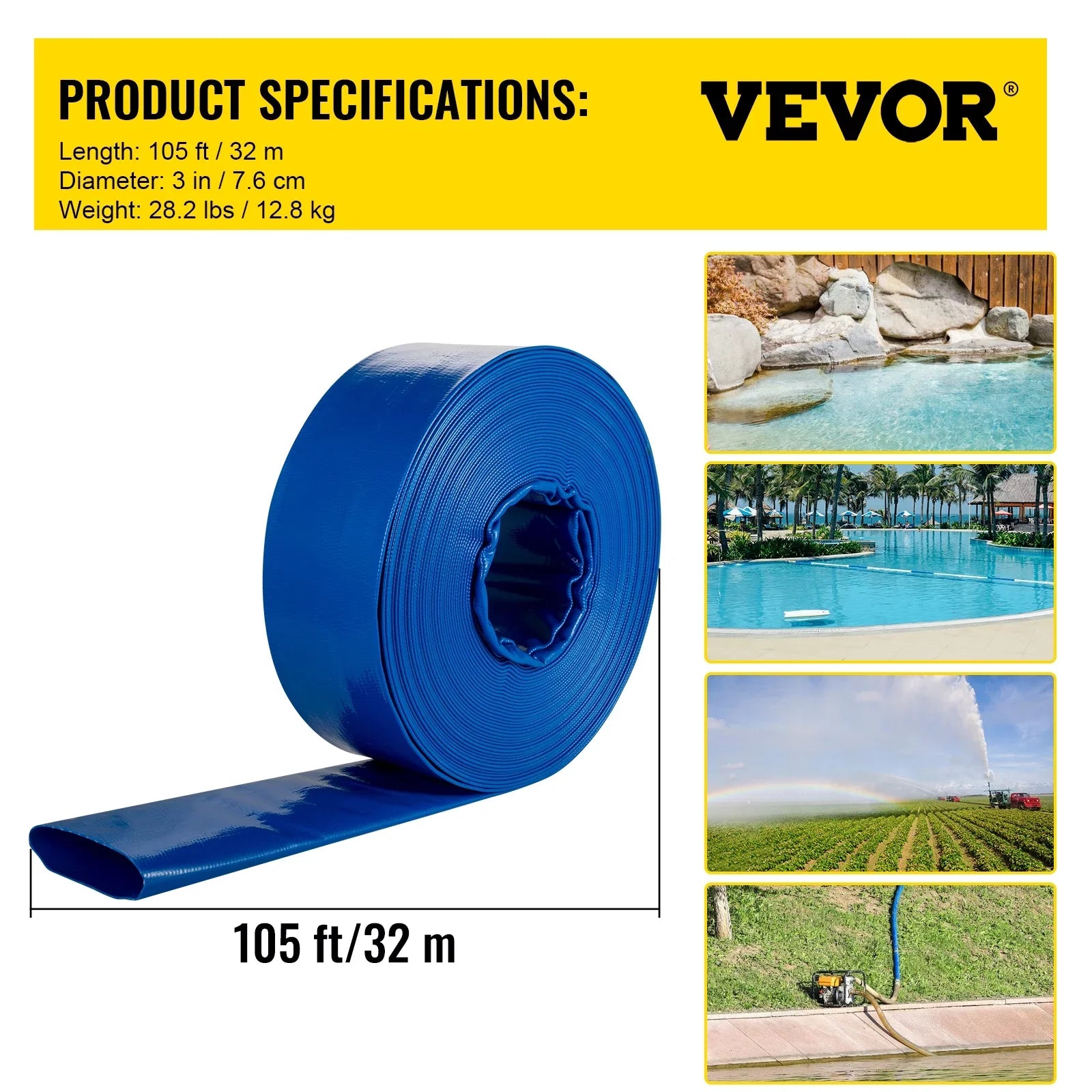 BENTISM Discharge Hose, 3" x 105', PVC Fabric Lay Flat Hose, Heavy Duty Backwash Drain Hose with Clamps, Weather-proof & Burst-proof, Ideal for Swimming Pool & Water Transfer