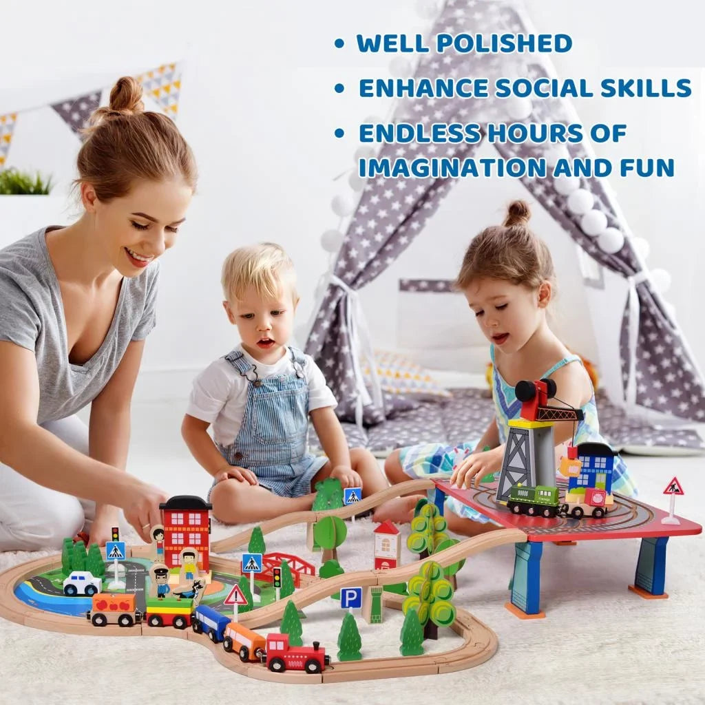 Fun Little Toys 88PCs Wooden Play Set, Enchanting Wooden Train Set for Toddlers Age 3+