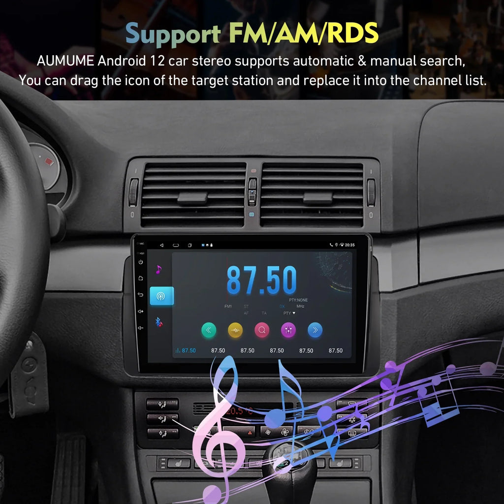 6+128G 9-inch Android 12 Double Din Car Stereo for BMW E46/M3/318/320/325/Rover 75/MG ZT Touchscreen Screen QLED Car Radio with Carplay Android Auto SWC Support Backup Camera