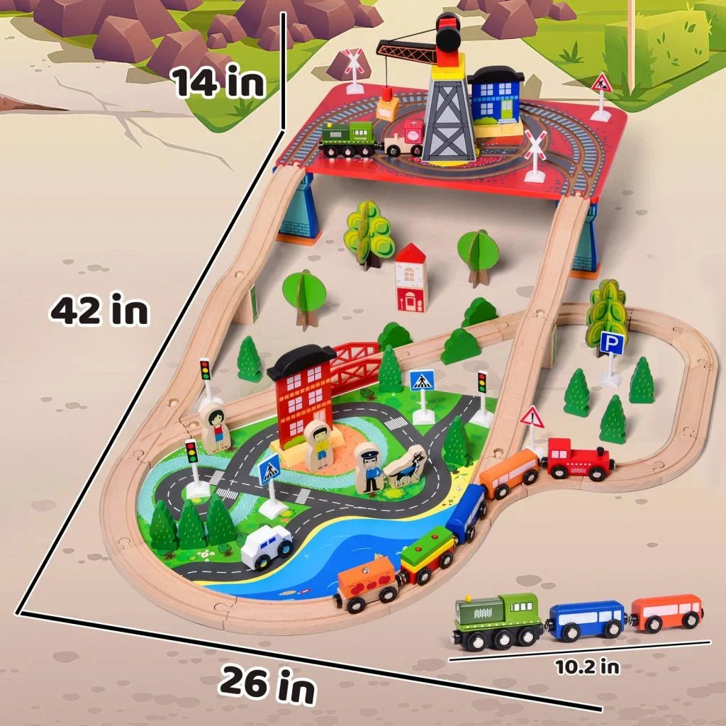 Fun Little Toys 88PCs Wooden Play Set, Enchanting Wooden Train Set for Toddlers Age 3+