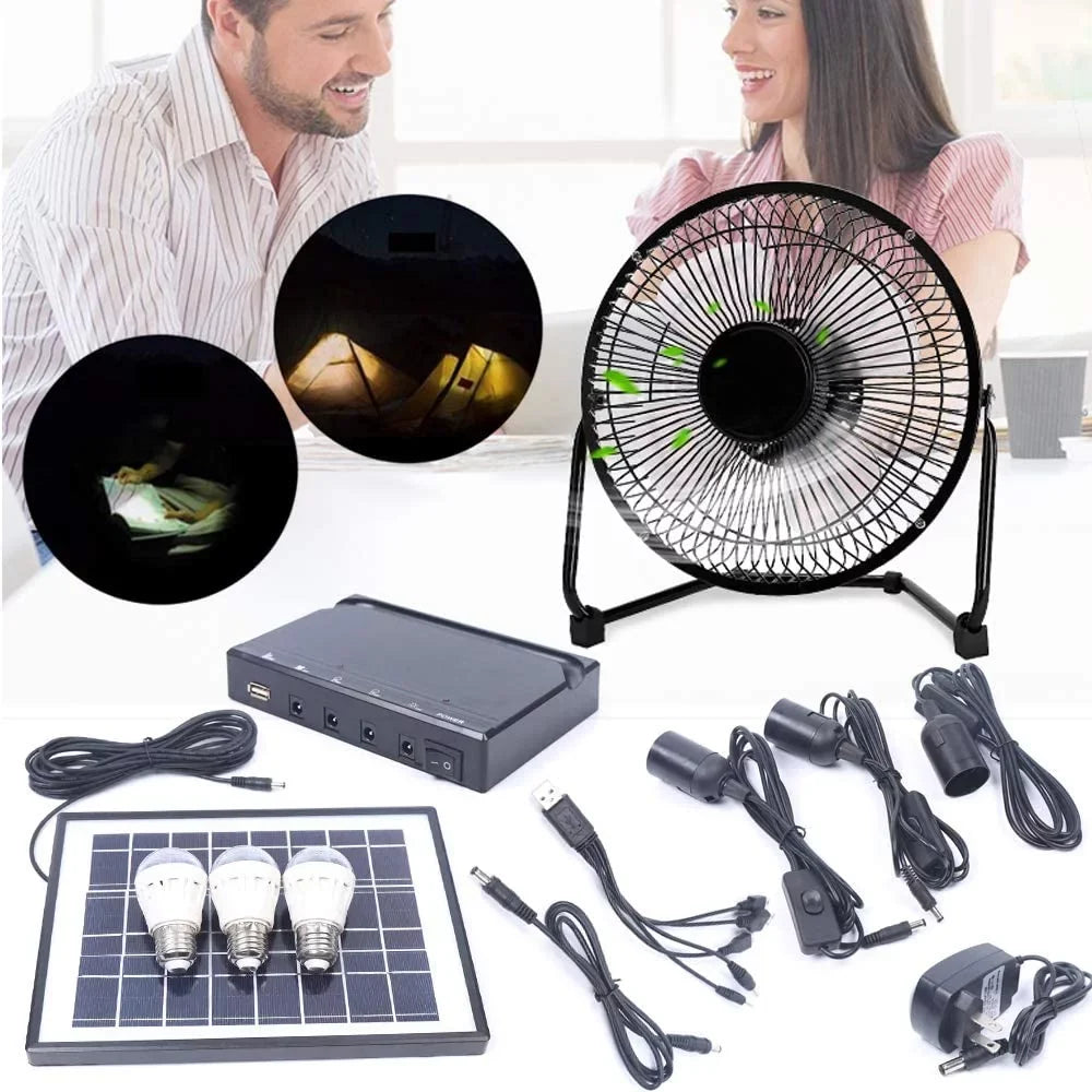 MONIPA Portable Solar Powered Panel+Fan+3x1W 12V Bulbs 8 inch Solar Powered Fan, with Adapter for Ventilation Caravan Camping Home Office Outdoor Traveling Fishing