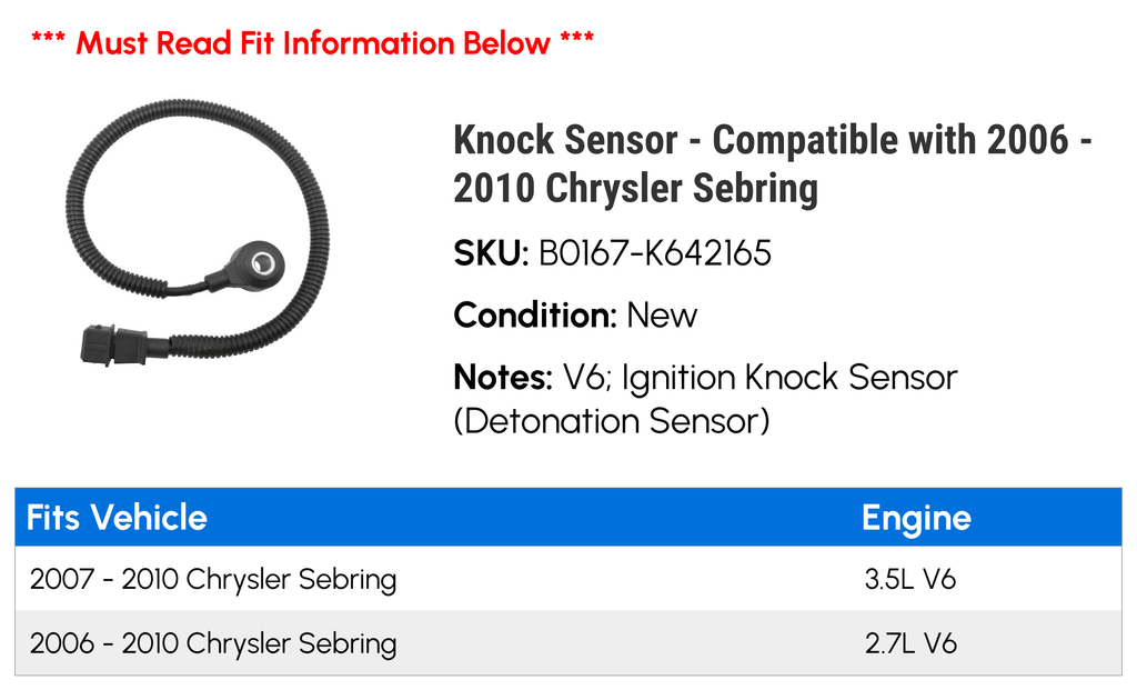 Knock Sensor - Compatible with 2006 - 2010 Chrysler Sebring 2007 2008 2009