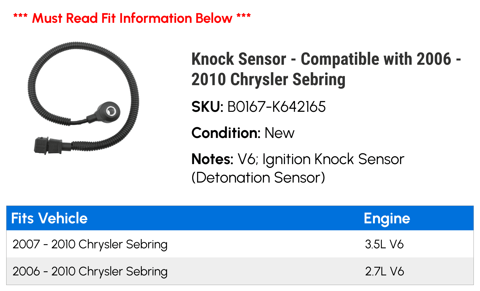 Knock Sensor - Compatible with 2006 - 2010 Chrysler Sebring 2007 2008 2009