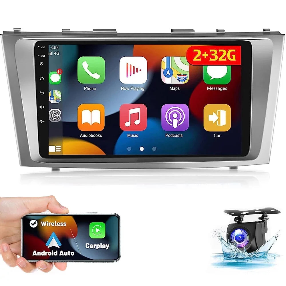 Podofo 2+32G for Toyota Camry 2006-2011 Car Stereo Radio Wireless Carplay Android Auto Mirror Link 9'' Touchscreen HD 1080P WIFI GPS Hifi FM Bluetooth, AHD Backup Camera