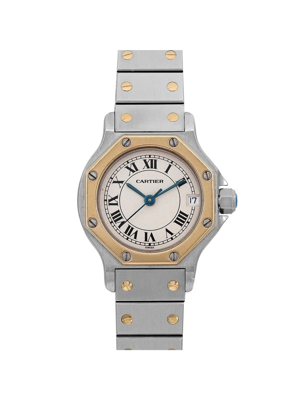 Pre-owned Cartier Santos Octagon 18K Yellow Gold Steel Cream Watch 187903 (Good)