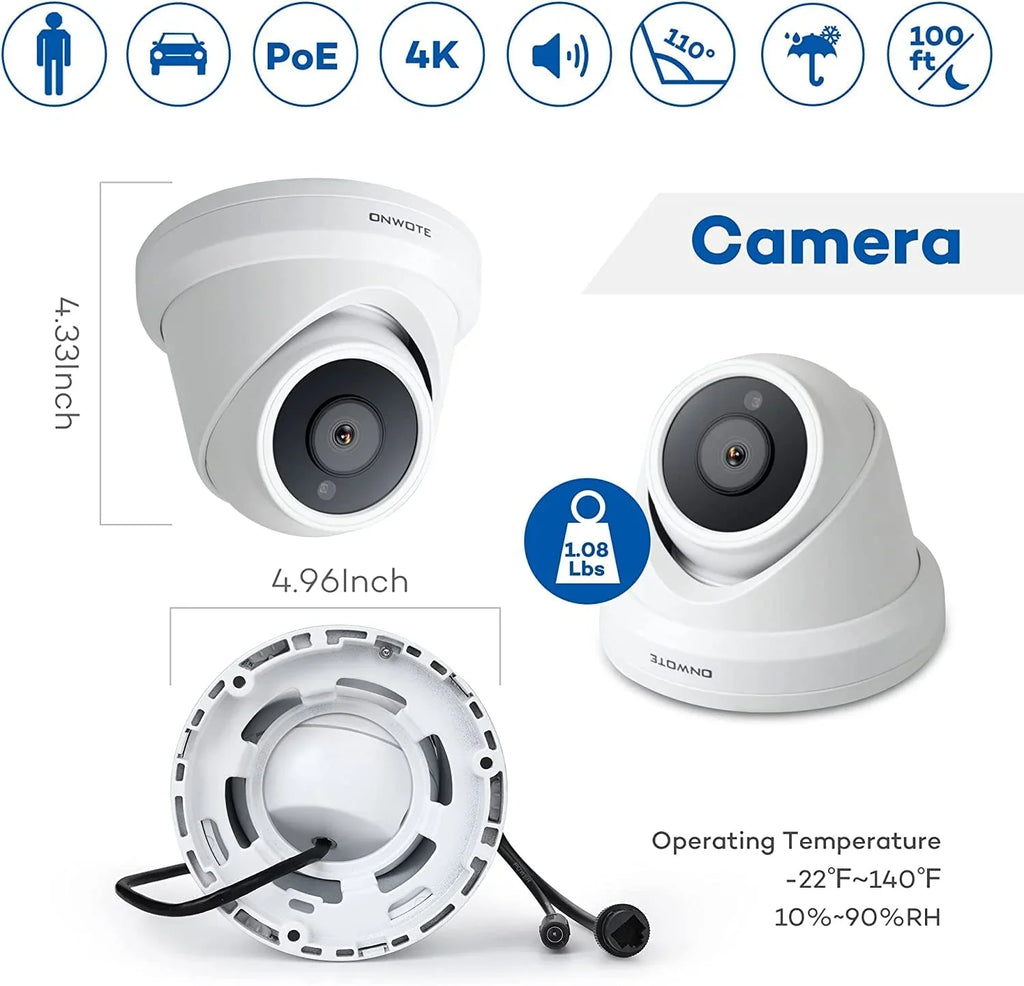 ONWOTE 16 Channel 4K 8MP PoE Security Camera System, AI-Human-Detection, 16CH 8MP NVR with 4TB HDD for 24/7 Recording, 8pcs Commercial 4K PoE IP Cameras Wired with Audio, 2-Storage-Bay