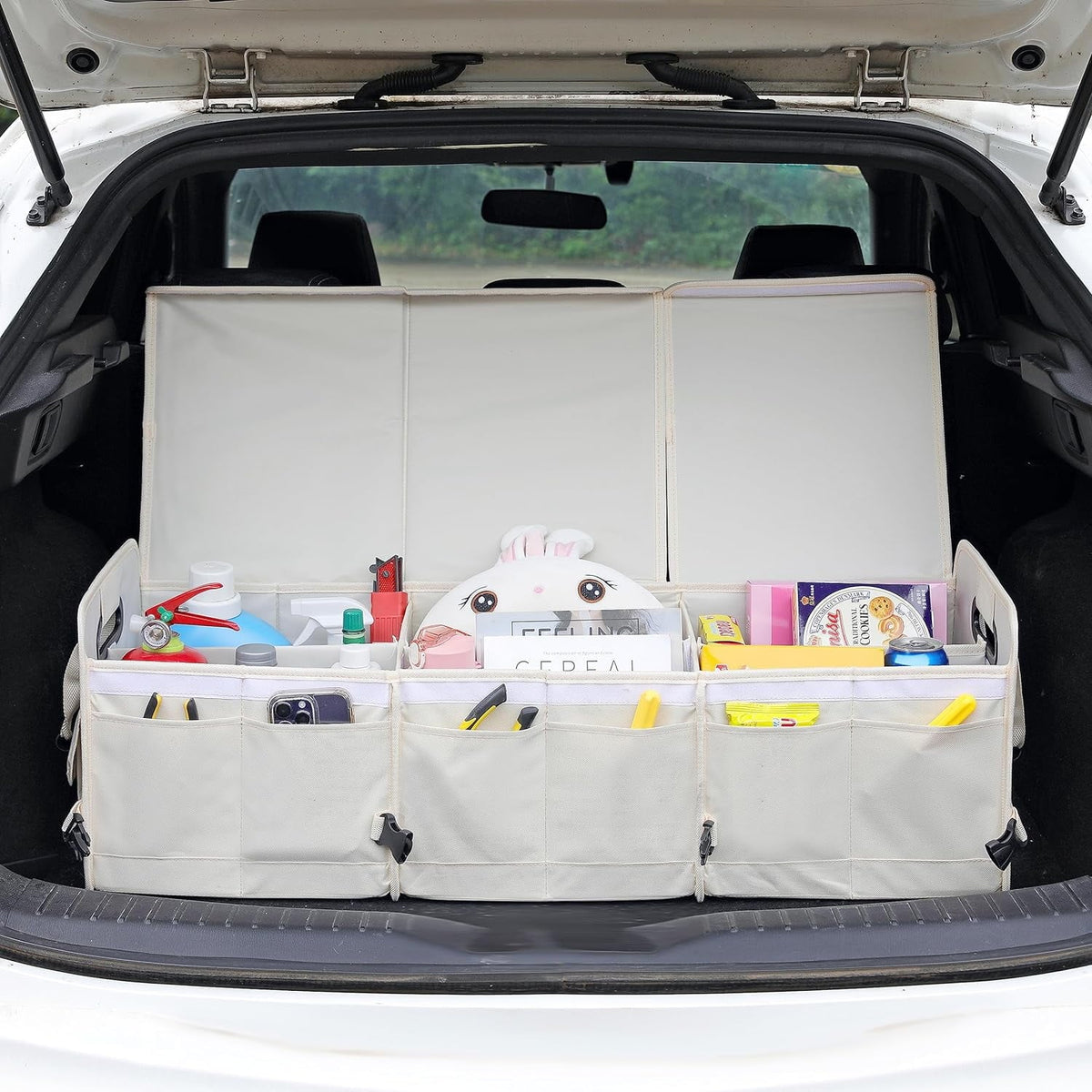 Glamor D Car Trunk Organizer with Lid Car Storage Organizer Collapsible Multi Compartment Adjustable Straps Car Organizer for SUV, Truck, Sedan(Beige)