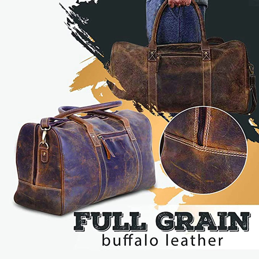 FR Fashion Co. 20" Men's Vintage Distressed Buffalo Leather Duffle Bag | Spacious & Stylish | Adjustable Shoulder Strap