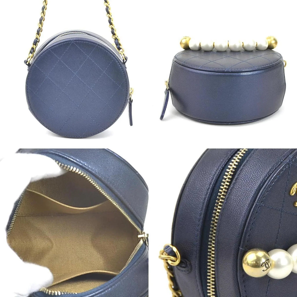 Pre-Owned CHANEL Crossbody Shoulder Bag Pochette Coco Mark Leather/Metal/Fake Pearl Navy/Gold/Off-White Women's (Good)