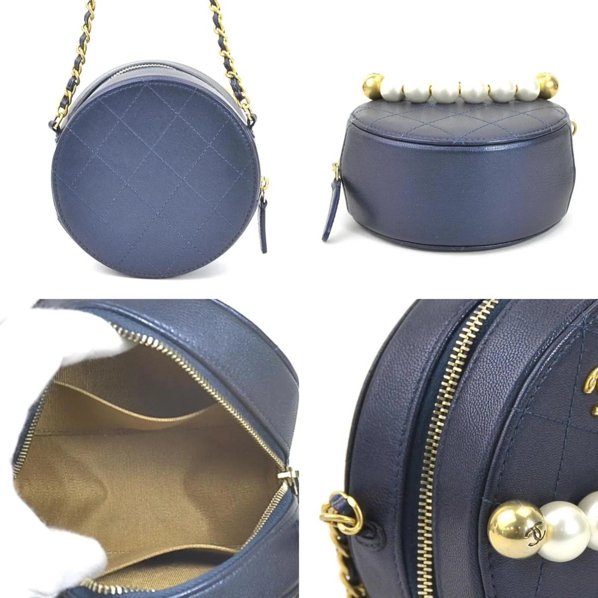 Pre-Owned CHANEL Crossbody Shoulder Bag Pochette Coco Mark Leather/Metal/Fake Pearl Navy/Gold/Off-White Women's (Good)