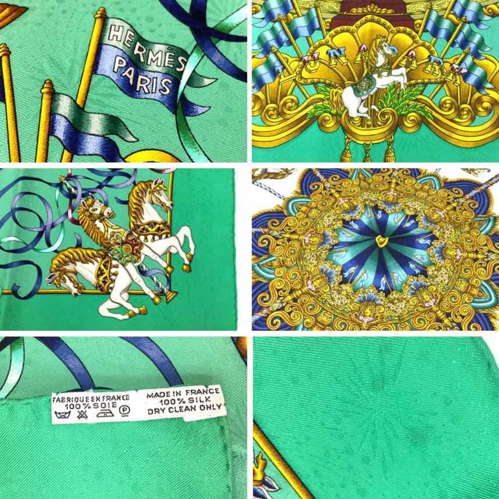 Pre-Owned HERMES Carre 90 Scarf Muffler LUNA PARK Amusement Park Carousel Embroidery Green 100% Silk Hermes aq5159 (Good)