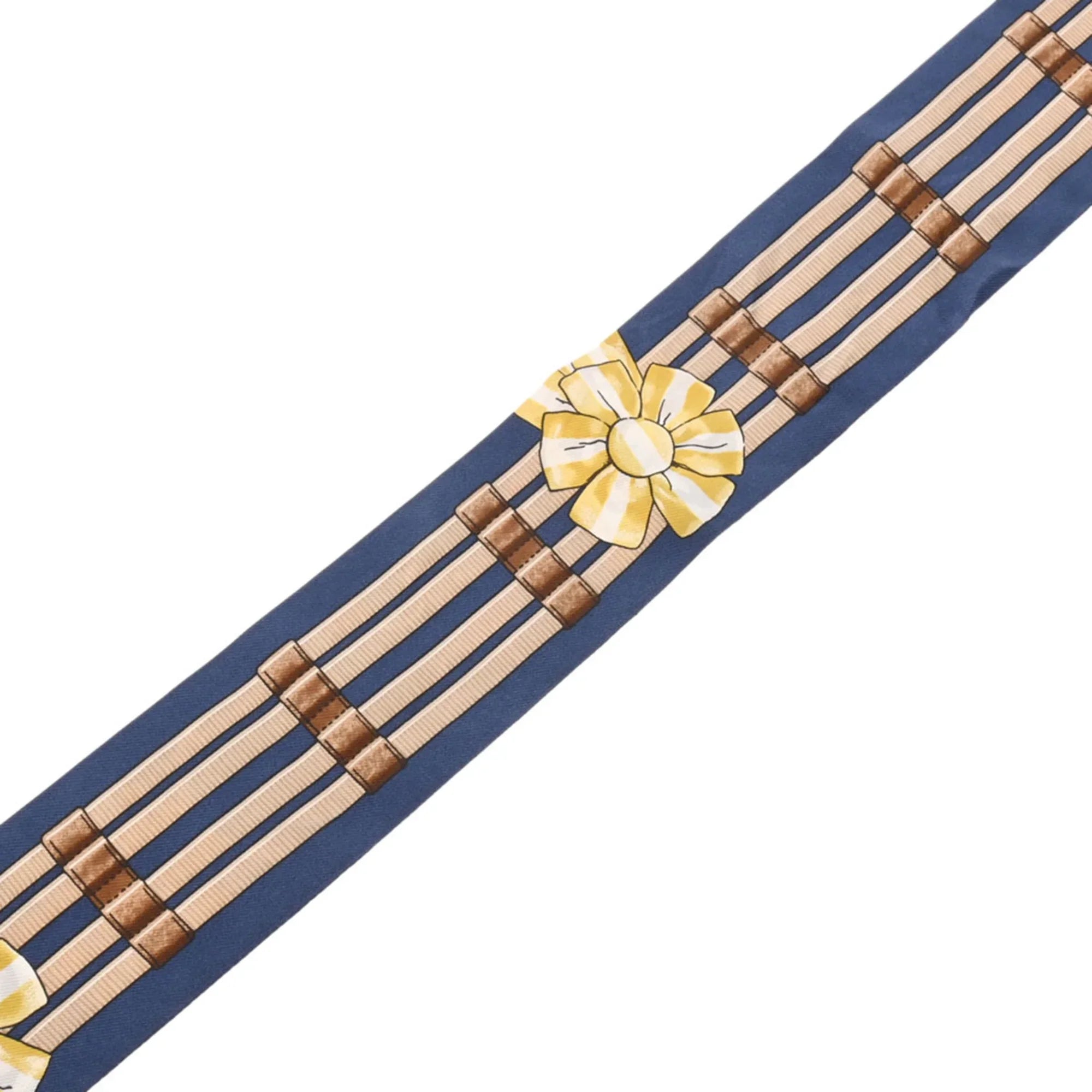 Pre-Owned HERMES Twilly JUMPING Mario/Gold/Blanc Women's 100% Silk Scarf Muffler (Fair)
