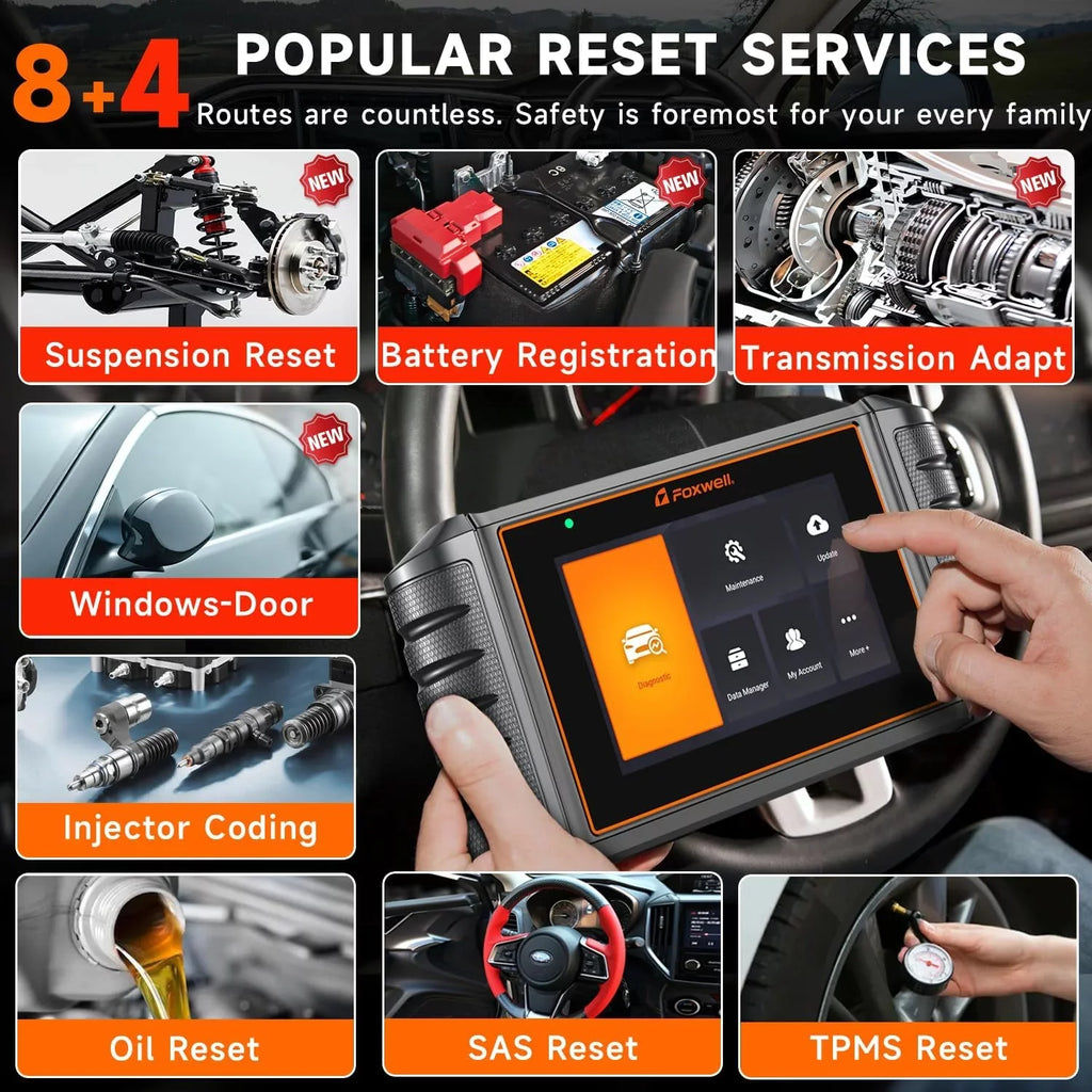 FOXWELL NT726 OBD2 Scanner Automotive All System Diagnostic Tool 12 Reset BMS Service Suspension ABS Bleeding Injector Coding Throttle Reset OBDII Code Reader Automotive Scanner, Gift: Battery Tester