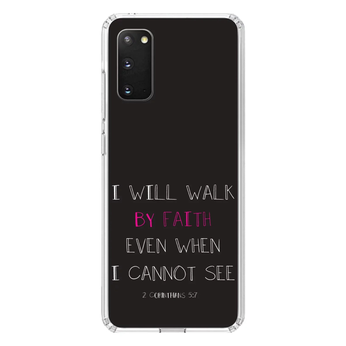 DistinctInk Clear Shockproof Hybrid Case for Galaxy S20 / S20 5G (6.2" Screen) - TPU Bumper, Acrylic Back, Tempered Glass Screen Protector - 2 Corinthians 5:7 - Walk By Faith Even When I Cannot See